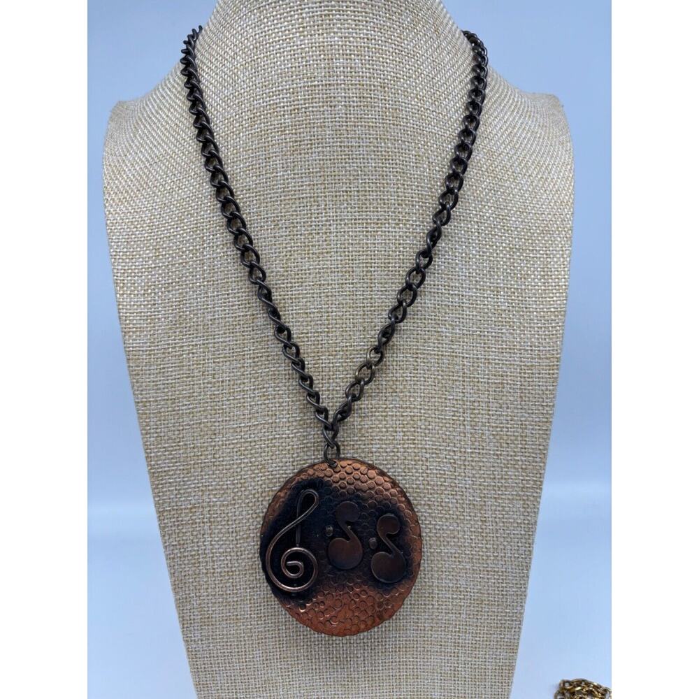 Vintage Art Deco Necklace Round Musical Abstract Copper Pendant -Textured Copper